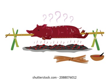 Lechon or Roasted pig being cooked. A dish popular in once occupied spanish territories like Philippines, Puerto Rico, Dominican republic and Cuba. Editable Clip Art.