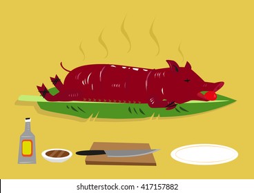 Lechon or a Roasted Suckling Pig is popular festival food in  the Philippines and other former colonies of Spain such as Puerto Rico and Dominican Republic. Editable Clip Art.