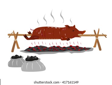 Lechon or Suckling Pig on a rotating stick or pole is Roasted over a burning charcoal. Editable Clip art.