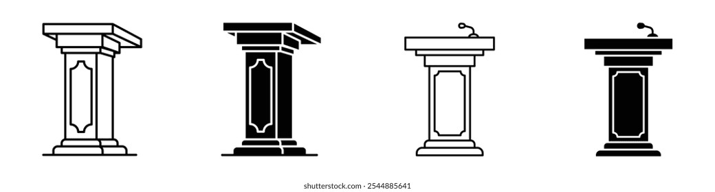 Lectern icon collection in black and white filled and solid vector style.