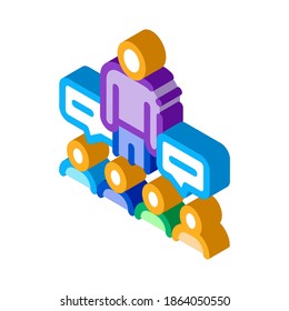 discusión de lector con vector de icono de audiencia. lector isométrico comentar con el signo de audiencia. ilustración de símbolo aislado de color