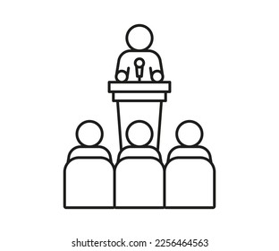 Lector man speech behind podium on conference with audience spectator, line icon. Speaker on tribune by leader, businessman, teacher talking before of people spectators back. Vector outline