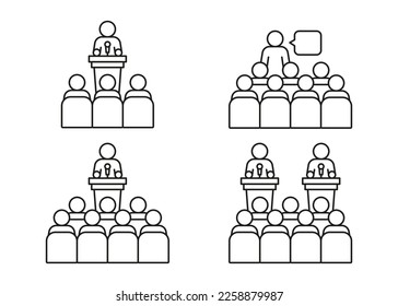 Lektor man Rede hinter Podium auf Konferenz mit Zuschauer, Linie Icon Set. Sprecher auf Tribune von Führer, Geschäftsmann, Lehrer spricht vor Menschen Zuschauer zurück. Vektorgrafik