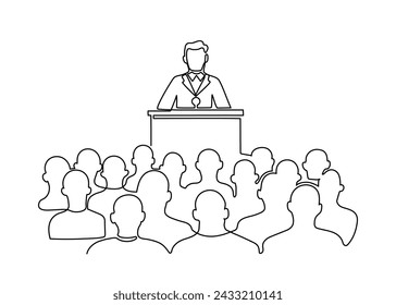 Lector man speech behind podium, conference with audience spectator, continuous one line drawing. Speaker on tribune, teacher talking before of people back. Vector minimalist single outline