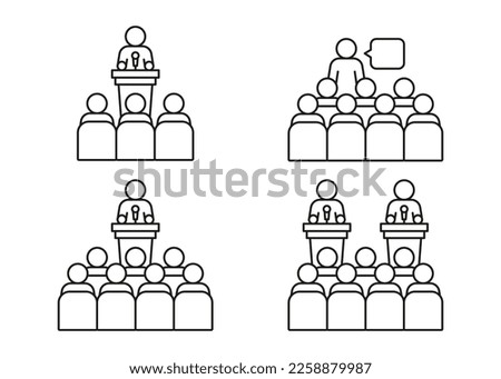 Lector man speech behind podium on conference with audience spectator, line icon set. Speaker on tribune by leader, businessman, teacher talking before of people spectators back. Vector outline