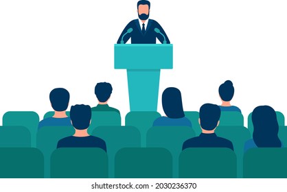 Lector man in suit speech behind podium on conference with audience in hall. Speaker on tribune by leader, businessman, teacher talking before of people spectators. People audience back view. Vector