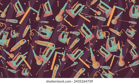 lectrical tools and fasteners make up a pattern on a dark brown background. Vector banner