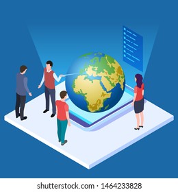 Lecture about earth vector illustration. Save the planet isometric concept. Planet globe, meeting eco presentation, news save earth