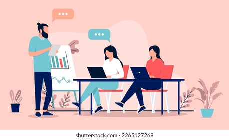 Lecture - Adult people in small classroom lecturing and having course, talking and studying. Flat design vector illustration