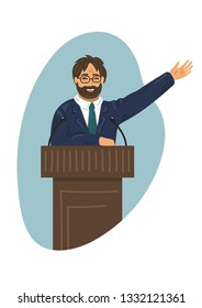 Lecture. Bearded man in formal suit talking at podium tribune. Vector illustration in flat cartoon style.