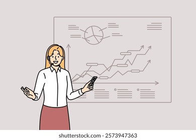 Lecture by business speaker talking about successes of marketing company, standing near screen with growing charts. Business speaker giving presentation on successful corporation strategy