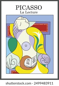 Lecture by Pablo Picasso. Poster illustrating Picasso's paintings with arrays and graphic strokes. Paintings in Picasso's art. Modern Picasso painting. Beige Picasso print. Exhibition of art prints.