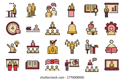 Lecture class icons set. Outline set of lecture class vector icons thin line color flat on white