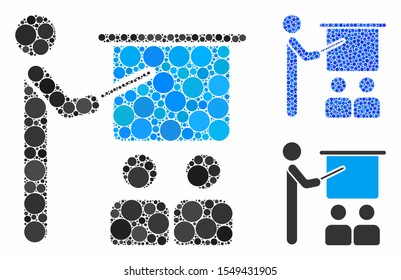 Lecture composition of filled circles in variable sizes and shades, based on lecture icon. Vector filled circles are united into blue composition. Dotted lecture icon in usual and blue versions.