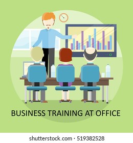 Lecture concept vector. Flat design. Business training at office. Man holding seminar near monitor with infographic. Certification training. Illustration for educational companies, career course ad.  