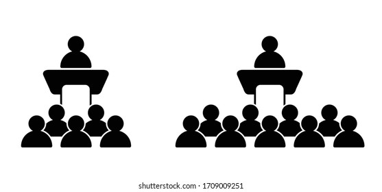 lecture at a desk Lectern podium icon Vector sign Speaker giving a talk meeting on corporate business congress Entrepreneurship event Speech conference hall audience Funny online training presentation