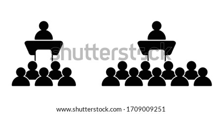 lecture at a desk Lectern podium icon Vector sign Speaker giving a talk meeting on corporate business congress Entrepreneurship event Speech conference hall audience Funny online training presentation