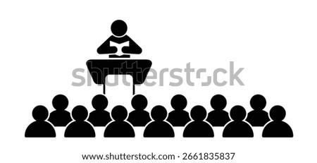 lecture at a desk. Lectern podium icon. Speaker giving a talk meeting on corporate business congress. Entrepreneurship event. Speech conference hall audience. Funny online training presentation