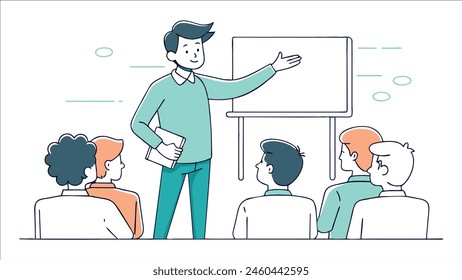 Lecture, education. A young speaker gives a presentation. Business vector illustration. Doodle simple brush Drawing vector illustration.