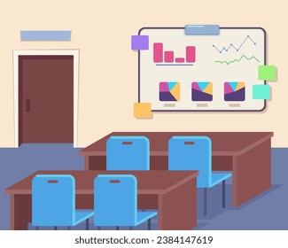Lecture hall with blackboard with business diagrams, desks and chairs. Flat vector illustration. Economics, education, business training concept