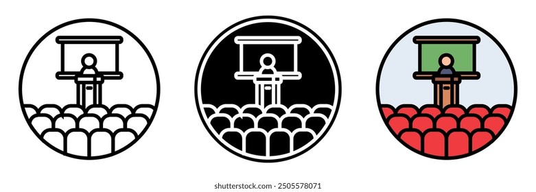 Lecture Hall Icon, A large room or auditorium in a university where lectures are delivered to large groups of students, typically tiered for visibility.