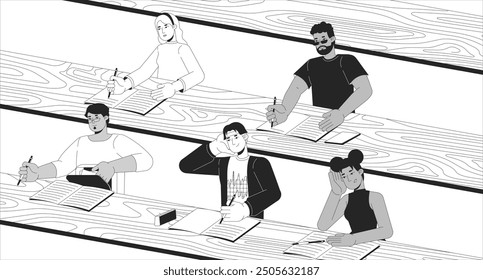 Lecture hall with students black and white line illustration. University graduate freshmen college life 2D characters monochrome background. Diverse audience auditorium outline vector image