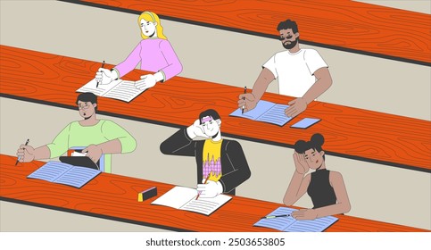 Lecture hall with students cartoon flat illustration. University graduate freshmen college life 2D characters colorful background. Diverse audience auditorium scene vector storytelling image