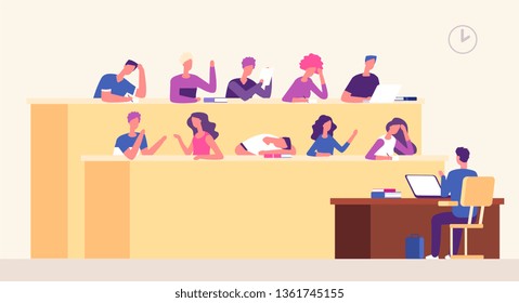 Lecture hall. Students lecturer in lecture room learning young people studying in auditorium. Business coaching seminar vector concept