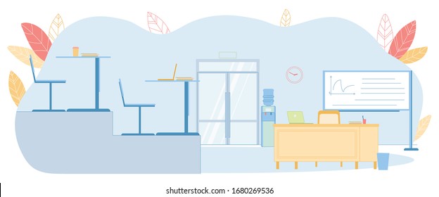 Lecture Hall of University Interior Inside Auditorium Room. Student Desk with Book and Cup of Beverage. Water Filter, Board, Trash Bin, Teacher Seat Indoor Classroom. Lesson, Seminar, Education