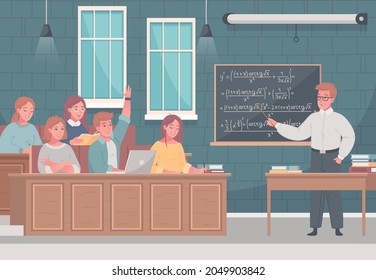 Lecture Hall At University With Professor Presenting Formules On Blackboard Involving Audience Participation Cartoon Composition Vector Illustration