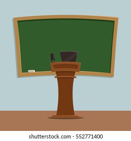 Lecture hall. Vector illustration with rostrum and blackboard. Equipment for lecture