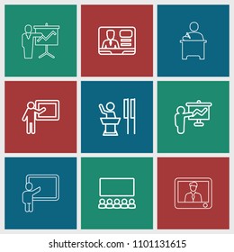 Lecture icon. collection of 9 lecture outline icons such as teacher, classroom, tv speaker. editable lecture icons for web and mobile.