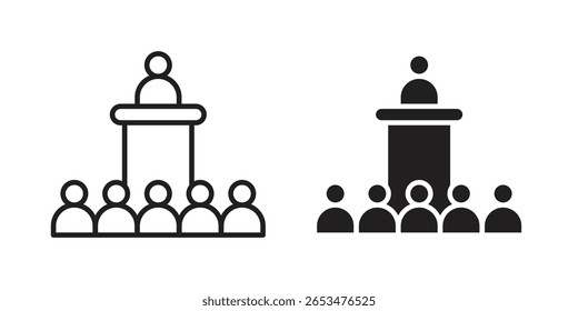 Icono de la conferencia, signo de Vector de contorno, pictograma de estilo lineal y sólido aislado en blanco.