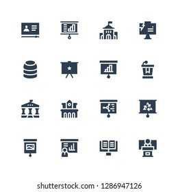 lecture icon set. Collection of 16 filled lecture icons included Conference, Lectern, Presentation, University, Training, Tutorial