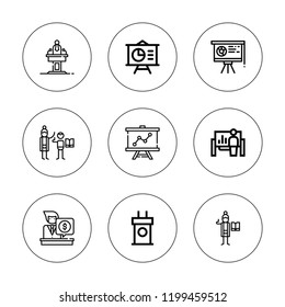 Lecture icon set. collection of 9 outline lecture icons with conference, presentation, teacher icons. editable icons.