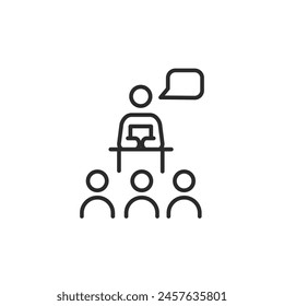 Lecture icon. A simplified representation of a speaker giving a presentation to a group of listeners, symbolizing education, seminars, and public speaking engagements. Vector illustration