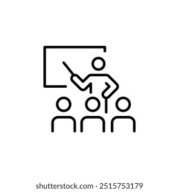 Ícone de lição. Uma representação simplificada de um palestrante dando uma apresentação para um grupo de ouvintes, simbolizando educação, seminários e compromissos de fala pública. Ilustração vetorial