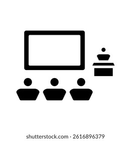 Lecture icon. A simplified representation of a speaker giving a presentation to a group of listeners, symbolizing education, seminars, and public speaking engagements. Vector illustration