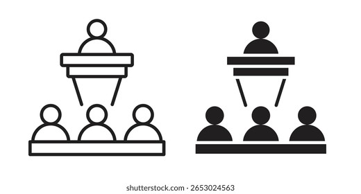 Conjunto de símbolos de iconos de conferencia en negro. línea e iconos planos