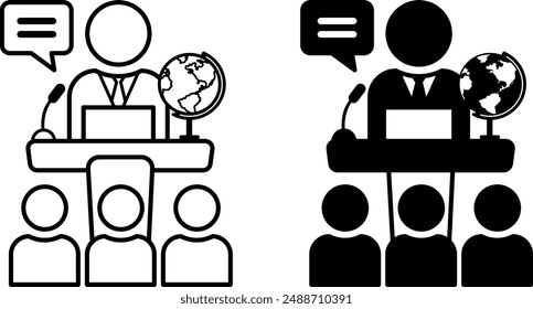 Lecture icons. Black and White Vector Icons. Teacher on the Tribune Gives a Lecture to Students. Studying at School, College, or University. Education Concept