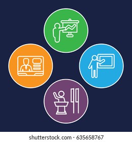 Lecture icons set. set of 4 lecture outline icons such as tv speaker, teacher