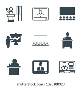 Lecture icons. set of 9 editable filled and outline lecture icons such as teacher, classroom, tv speaker