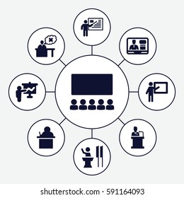 lecture icons set. Set of 9 lecture filled icons such as TV speaker, teacher, speaker