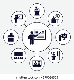lecture icons set. Set of 9 lecture filled icons such as TV speaker, teacher, speaker