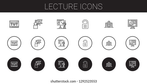 lecture icons set. Collection of lecture with tutorial, presentation, room, university, video call. Editable and scalable lecture icons.