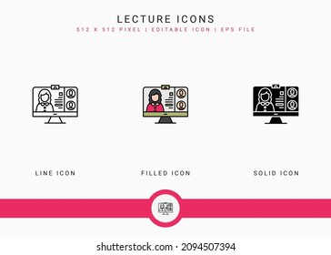 Lecture icons set vector illustration with solid icon line style. Online video webinar concept. Editable stroke icon on isolated background for web design, user interface, and mobile app