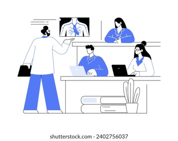 Ilustraciones de vectores de dibujos animados aisladas en conferencias. El profesor da una conferencia a un grupo de estudiantes de medicina, proceso educativo universitario, clases universitarias, asistente docente de dibujos animados vectoriales.