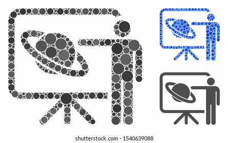 Lecture mosaic of small circles in various sizes and shades, based on lecture icon. Vector small circles are grouped into blue mosaic. Dotted lecture icon in usual and blue versions.
