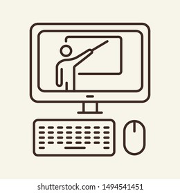 Lecture on computer screen line icon. Speaking, whiteboard, teaching. Training concept. Vector illustration can be used for topics like education, career, internet learning
