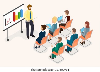 Lecture, report, coaching before office staff. The businessman gives a lecture and shows diagrams and infographics on the board.